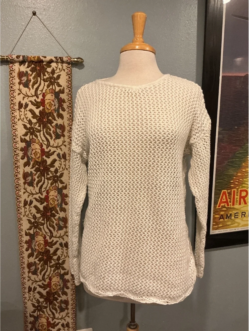 Vintage Express Tricot White Open Knit Sweater Small, Y2K 90s, Natural Fiber